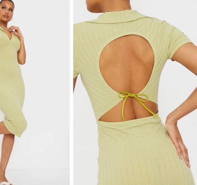 Sage green rib open back polo collar midi dress